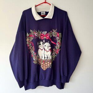 90s vintage purple cat kitten festive christmas graphic pullover sweatshirt 2XL
